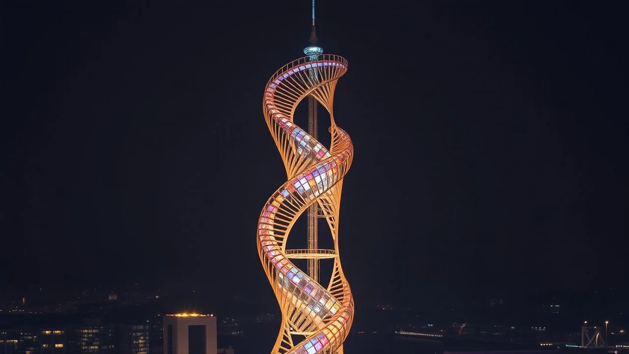delightful, sensitive, confident, iridescent double helix tower, delicate, nocturnal, architecture, award-winning photograph, beautiful composition, filled with beautiful detail, delicate colour, chiaroscuro