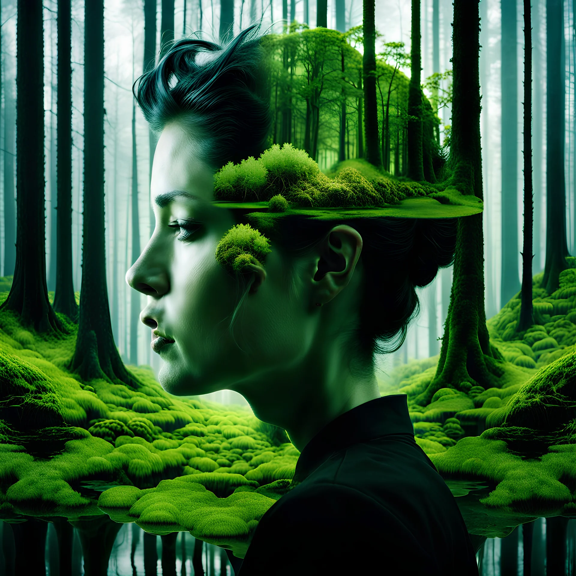 A contemplative, double-exposure portrait of an individual superimposed with an image of a mossy swamp, seamlessly blending the two images together to create a visual representation of the person's deep connection with nature.