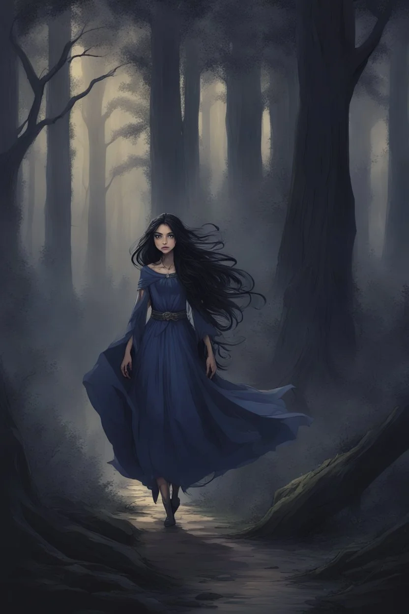 A princess in a dark indigo dress and very long black hair walks through a dark forest full of trees with her knight