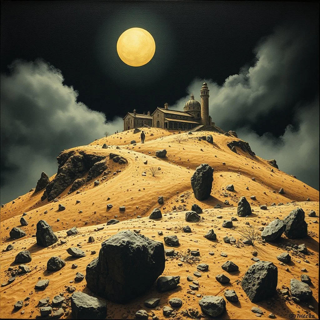 A wasteland with village on the top of a hill, creepy, details of the dust very accentuated, Max Ernst, glossy organic mass, adorned with minerals and rocks. Decal, bas-relief. Bathed in intense light, eerie, Max Ernst style, black sun, fog