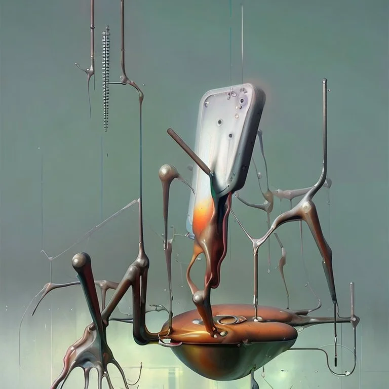 Abstract painting formed by a mix of human flesh-like surgical instruments and universe-like neuralink,strange musical instruments,minimalism,Painting By Adrian Ghenie, Rene Magritte, Salvador Dali, Lucian Freud