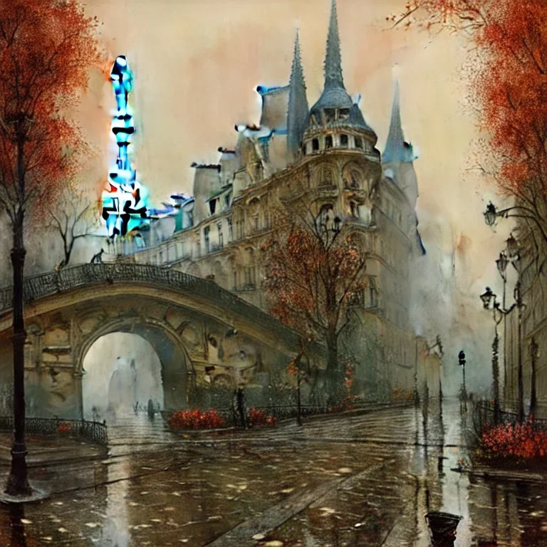 autumn in paris, ornate, beautiful, atmosphere, vibe, mist, smoke, fire, chimney, rain, wet, pristine, puddles, melting, dripping, snow, creek, lush, ice, bridge, green, stained glass, forest, roses, flowers, by stanley artgerm lau, greg rutkowski, thomas kindkade, alphonse mucha, loish, norman rockwell