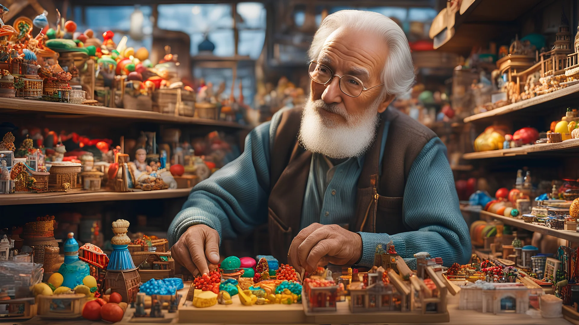 elderly male market trader selling all kinds of traditional children's toys, dolls, toy trains, toy cars, dolls house, toy buildings, games, puzzles, head and upper body, perfect eyes, exquisite composition, beautiful detailed intricate insanely detailed octane render, 8k artistic photography, photorealistic concept art, soft natural volumetric cinematic perfect light, chiaroscuro, award-winning photograph, masterpiece, raphael, caravaggio, greg rutkowski, bouguereau