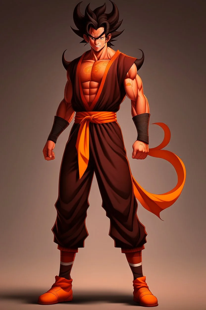 Full Body, Male Tiefling, monk, body shape as Super Sayian Goku, boxer pose, dark outfit colour theme, HD