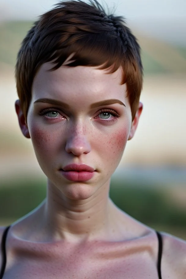 32k uhd, a close up portrait photo of 18yo, mix christina hendricks molly quinn alexandra daddario, short haircut, tanned skin, hyper muscular body, background is city ruins, (high detailed skin:1.2), 8k uhd, dslr, soft lighting, high quality, film grain, Fujifilm XT3