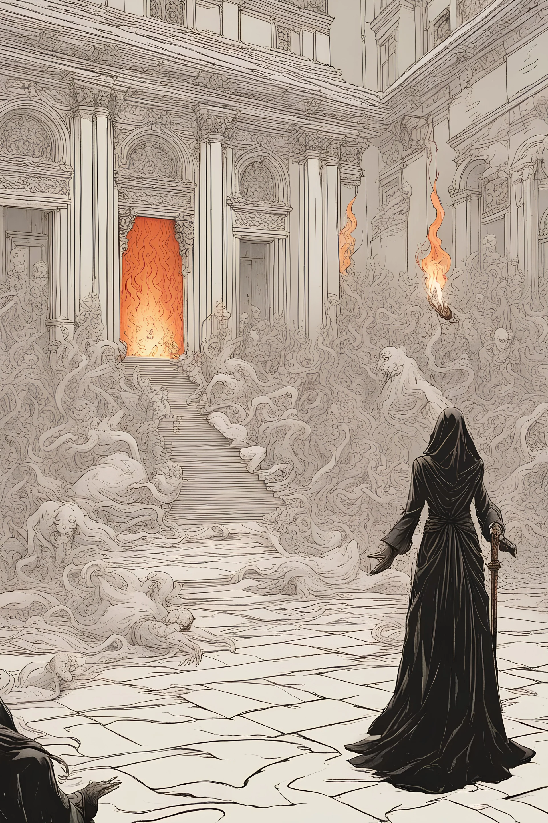 Illustrate a chilling scene: a female necromancer, surrounded by hellfire, attempts to open a portal to hell in the courtyard of a grand white marble palace during the king's annual feast. Thousands of terrified attendees flee, leaving the festivities in chaos. The royal family, including the king, is helpless, and even the royal guards are paralyzed with fear. Capture the stark contrast between the opulent palace and the impending supernatural threat, conveying the sense of impending doom