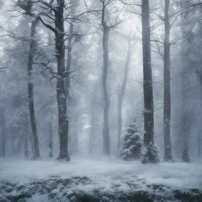 lost in the woods, winter landscape, ice field, crystals, surreal, dreamlike, foggy