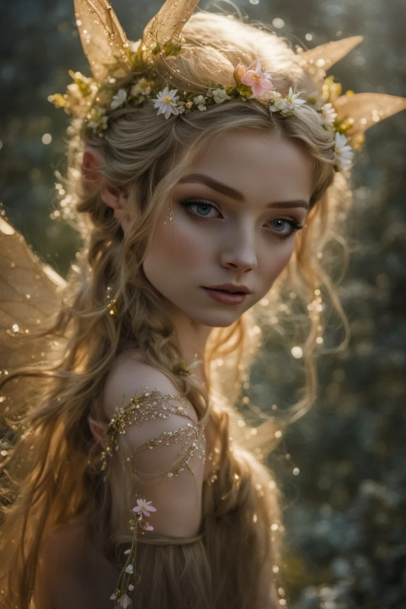 Pink flower crown,Pointed elven ears,Blonde hair ,Pink dress,Sparkling fairy wings,Very long golden hair,Fairy crown,pointed ears,elven ears,fairy wings,water lilies,sparkling,glittering,flowers,blossoms,golden crown,light pink dress