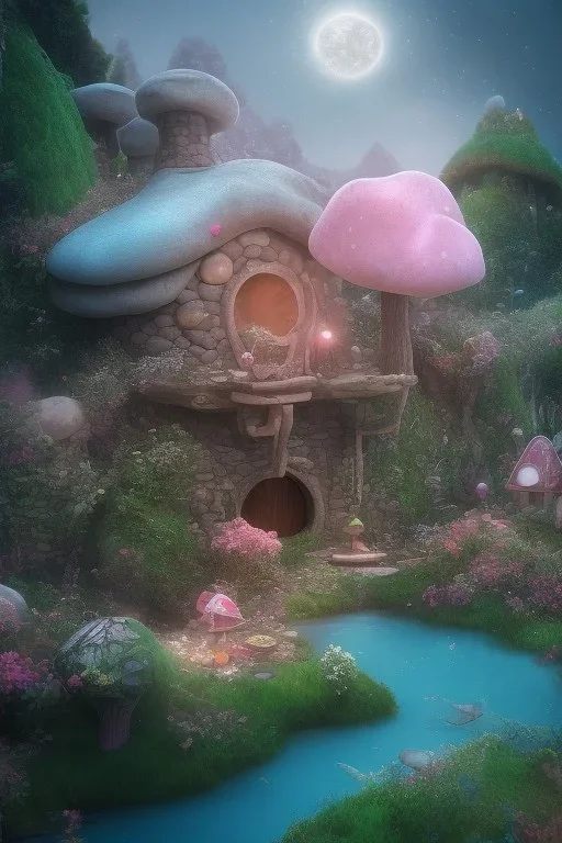 lac turquoise, petit rocher avec mousse, hobbit house,great flower fleurs pink and white, champignon, elfe très beau, fée magnifique, etoile filante, cristaux, vray, cgi