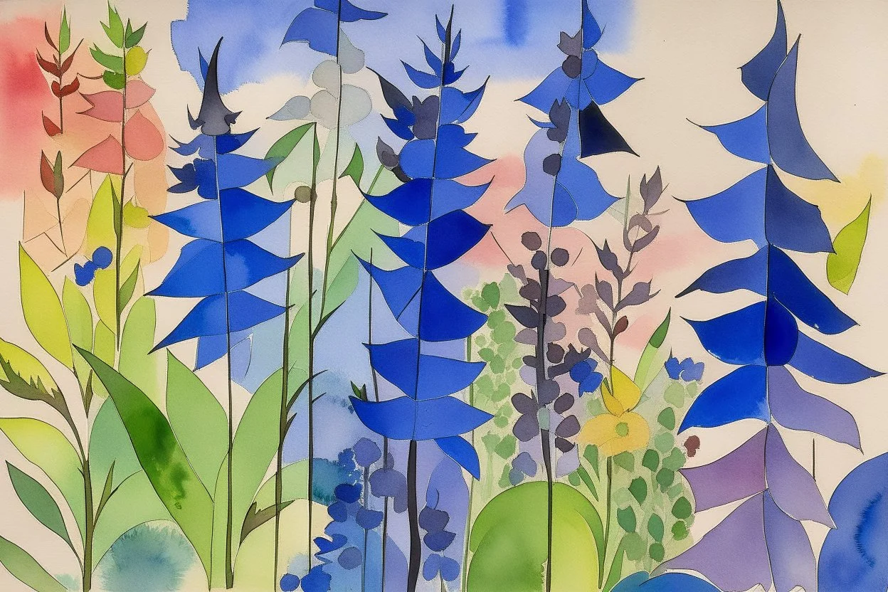 Watercolour of delphiniums in the style of Paul Klee