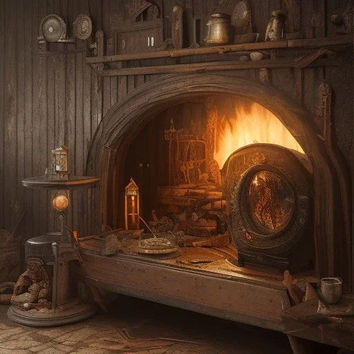 an viking fire place in old house, scary, zombie, steam punk, realistic, made in octane, cinematic, ultra-realistic, extremely detailed octane rendering, 8K, VRAY Super Real ar 2:3, dof photorealistic futuristic 50mm lens hard lighting dark gray tintype photograph, realistic lighting, sepia color