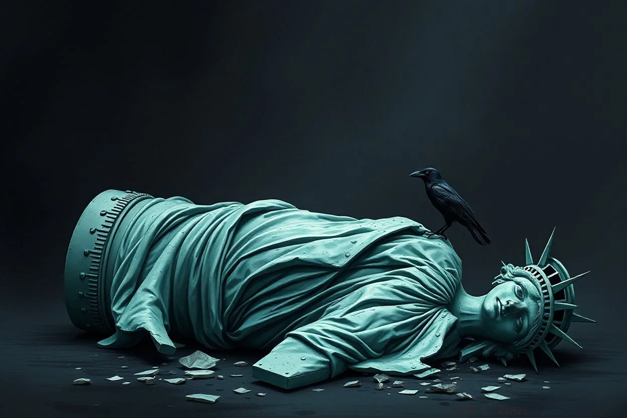 the statue of liberty lying shattered on the ground with a lone raven sitting on it, dark abstract background