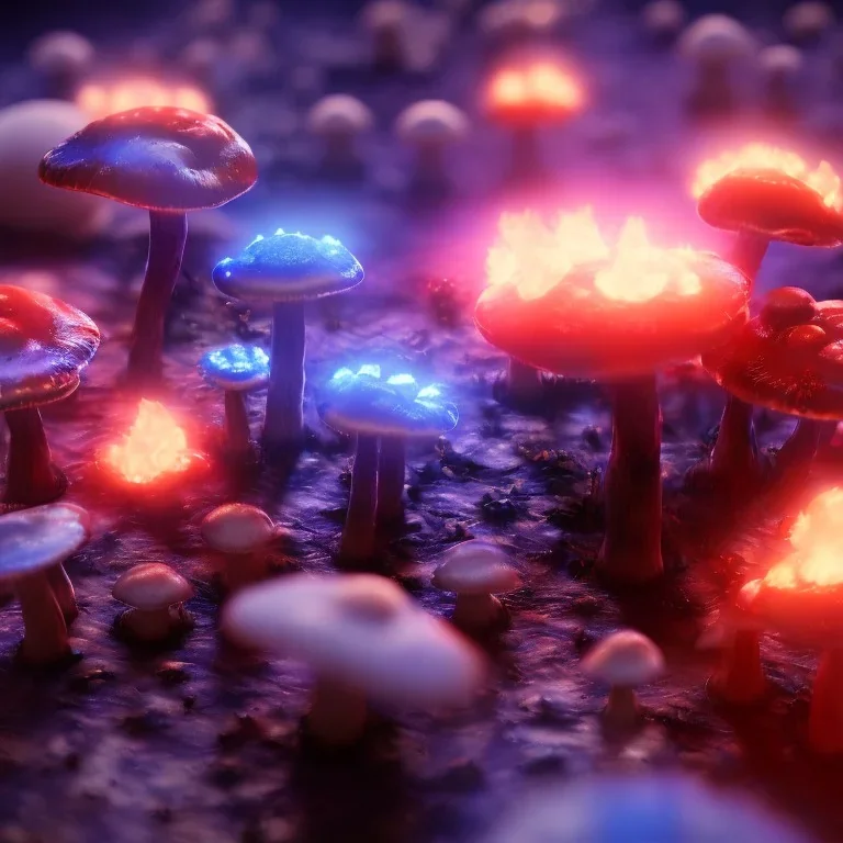 MUSHROOMs stars galazy SPACE lANDSCAPE BURNING IN BLUE FLAMES