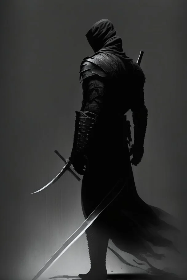 Background is dark grey, almost black. There is a head and torso silhouette looming in the picture, completely masked by a black Kevlar suit. Add a sheathed sword behind the figure in the picture.