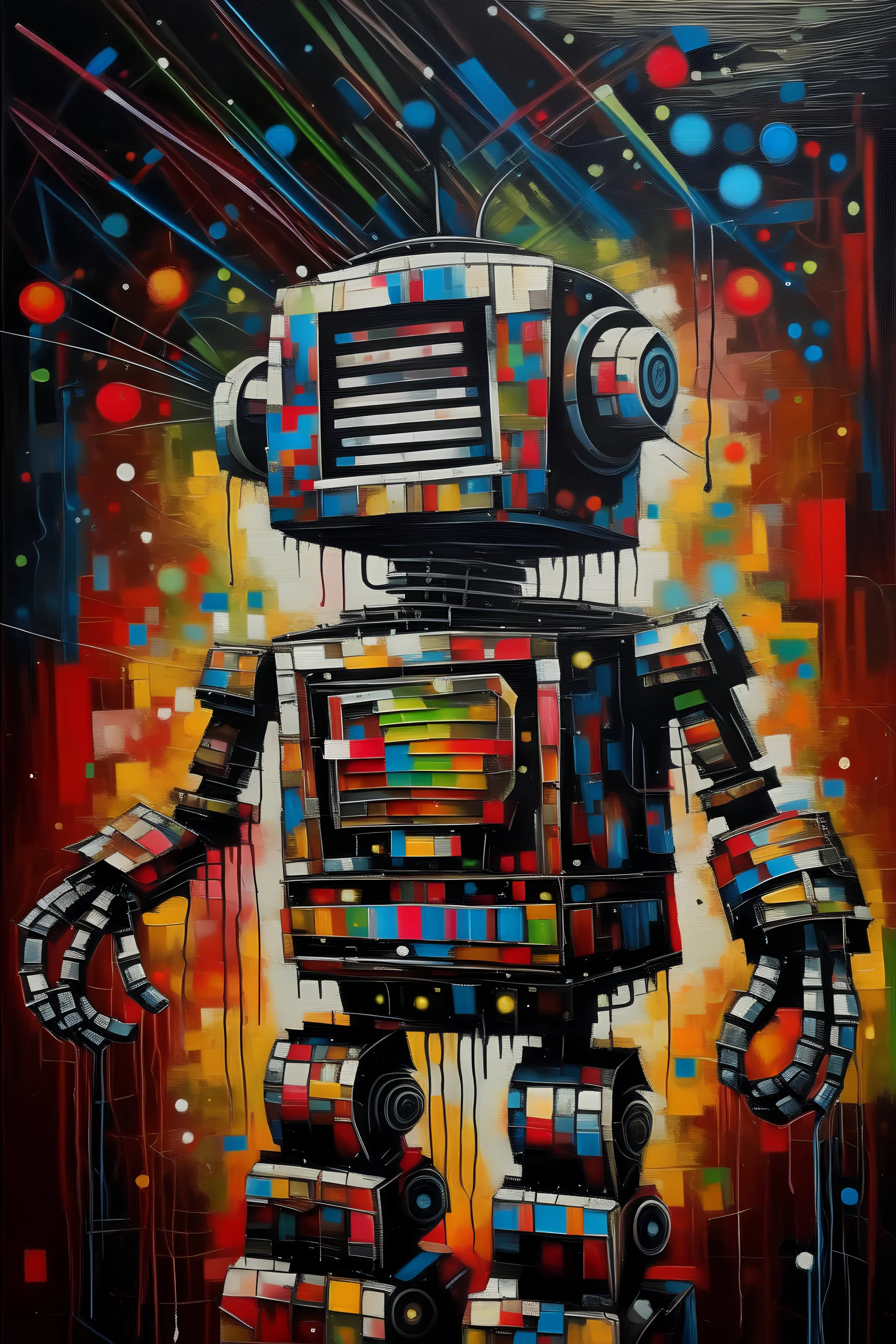 party discoball tall robot stained old oilpainting lipstick