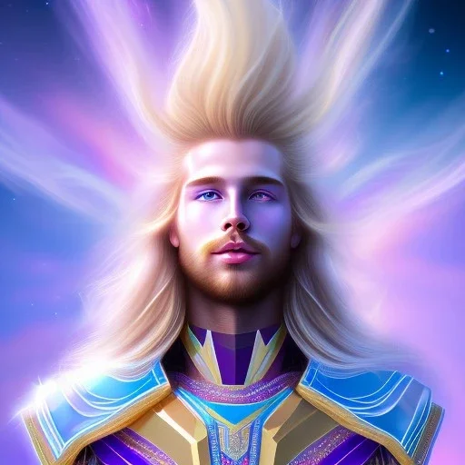 smiling beautifull long hair blond man face with cristal diamond on the forehead , cosmic armor and cosmic purple and blue sky behind