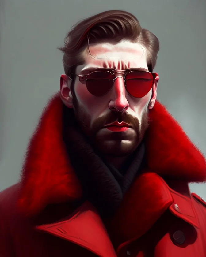 a young man who looks like hans gruber wearing a heavy coat and red sunglasses staring with an irritated look on his face