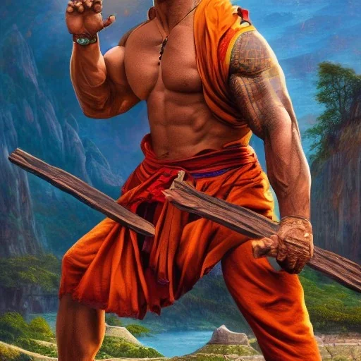 Fantasy, Dwayne Johnson as shaolin monk, heroic, award winning, insanely detailed, sunlit, realistic, fighting,acrylic paint, 8k resolution, hdr