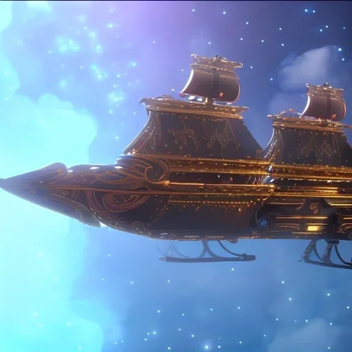 huge ornate spaceship made of brass flying through space