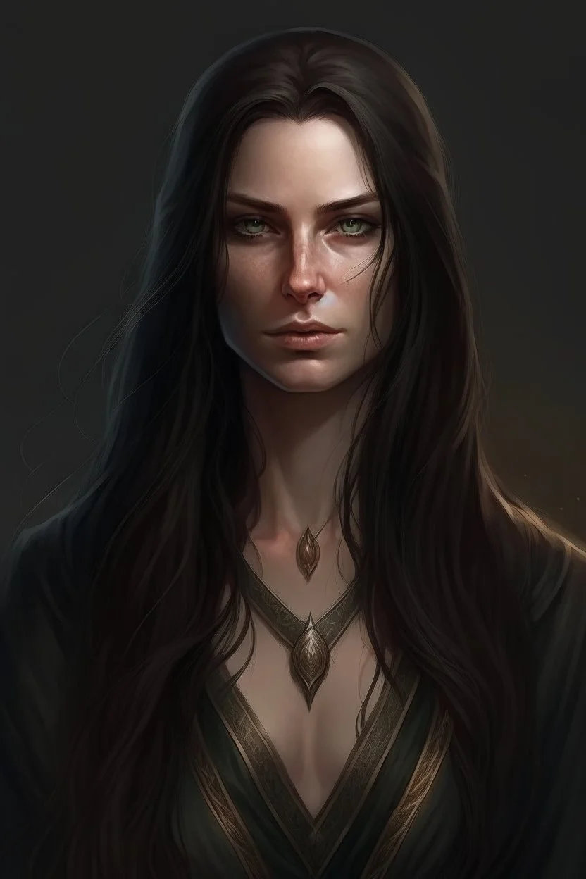 portrait of a 30 year old female antagonist, she is beautiful and has long dark hair, her appearance is like a greek goddess