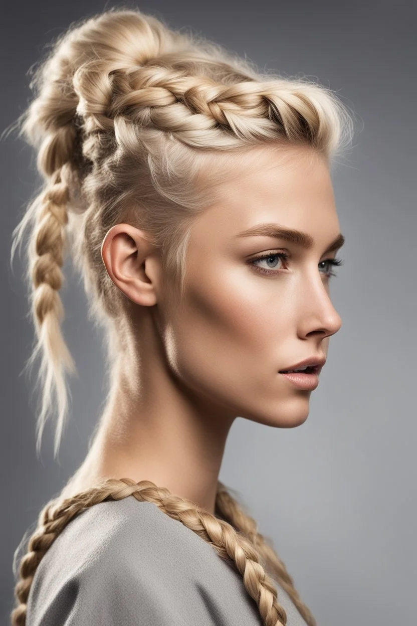 Woamen, blond Braided ponytail, Choppy Pixie