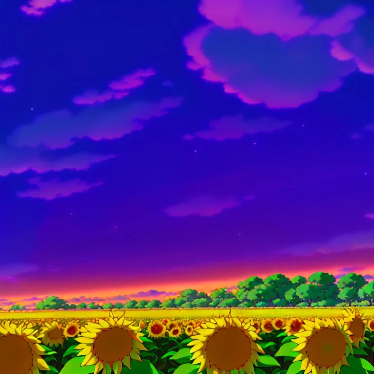 purple sky full of stars, sunflower field, floating ruins of an asian village, anime, high res, makoto shinkai