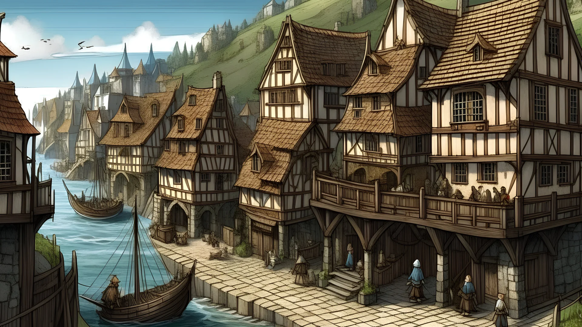 gothic medieval village at foot of cliffs, wooden harbour, shops, inn, taverns, houses, people, trees