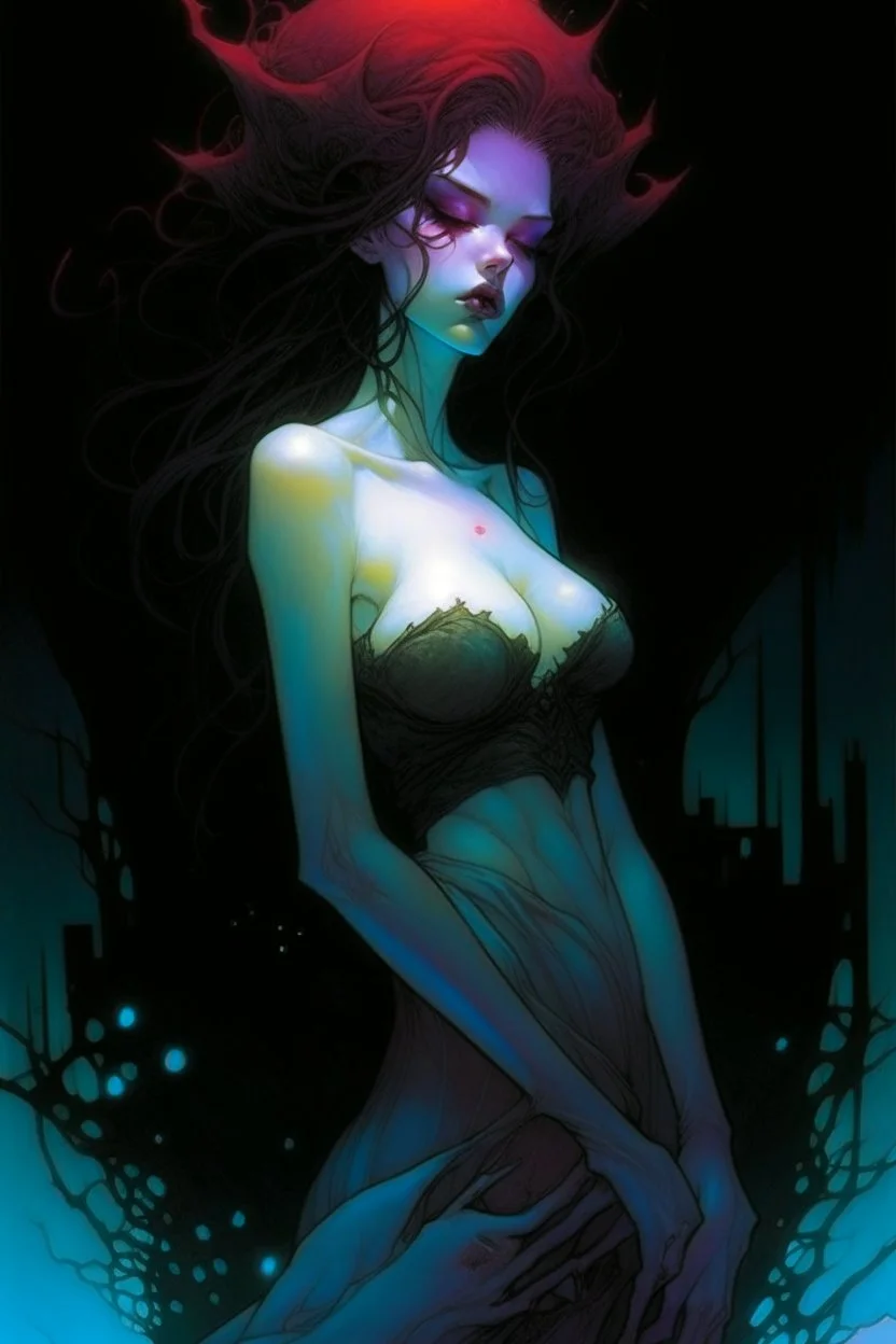 create a fine art print illustration of a seductive, Semnoni female vampire seeress, clothed in an ornate but ragged bliaud with highly detailed feminine facial features, gazing into a seething palantir , shrouded in a fetid mist at midnight , in the comic book art style of Bill Sienkiewicz, and Jean Giraud Moebius, finely textured, drawn, colored, and inked