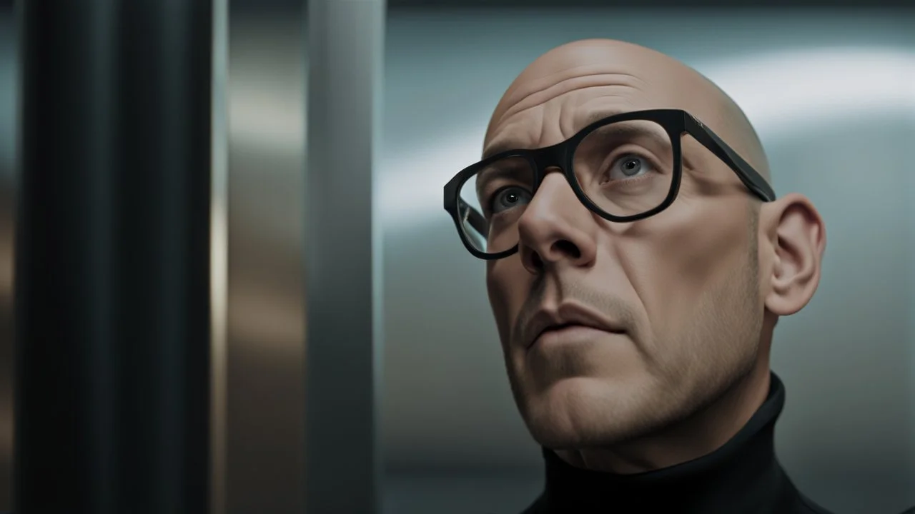 A striking, photorealistic portrait of Chris, a middle-aged european man with a slightly shaven head , wearing black square glasses, black shirta and makes a scared face. The background reveals a futuristic neon light, designed with modern, sleek lines and advanced technology. The overall ambiance gives off a sense of professionalism and cutting-edge innovation., photohigh detalied, sharp focus, professional photo