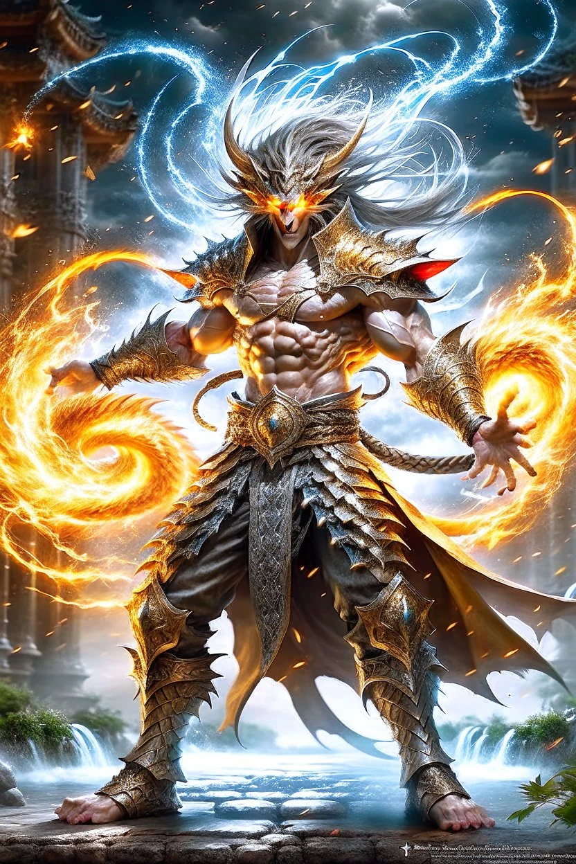 Fhoto full body, high reality, Raw, King of dragon warrior fighting with Raiden, digital art, intricate details, powerful composition, explode storm, captivating, , trending on artstation, sharp focus, studio photo, intricate details, highly detailed, fire and Strim background, by addie_digi