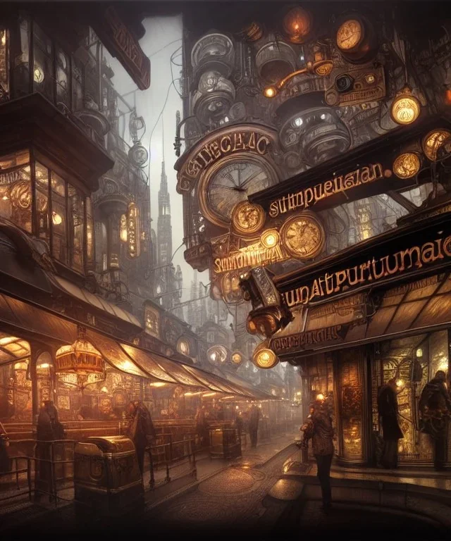 an intricately detailed digital illustration of a steampunk metropolitan city - scape inside of a steampunk double bacon cheeseburger, ultra realistic, concept art, intricate details, eerie, highly detailed, photorealistic, octane render, 8k, unreal engine. art by artgerm and greg rutkowski and charlie bowater and magali villeneuve and alphonse mucha