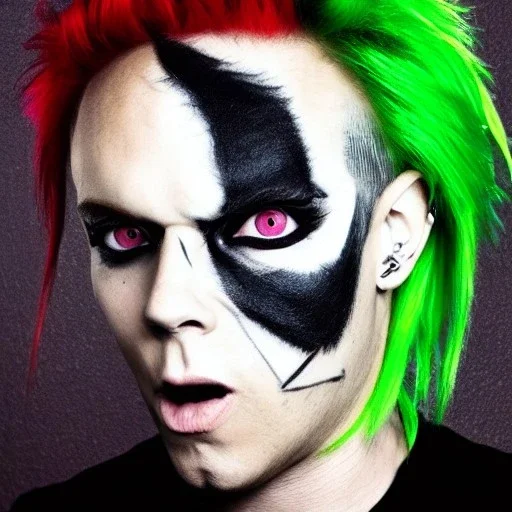 Keith Flint symmetric geometric portrait, anime , green hair, black metal facepaint, red eyes