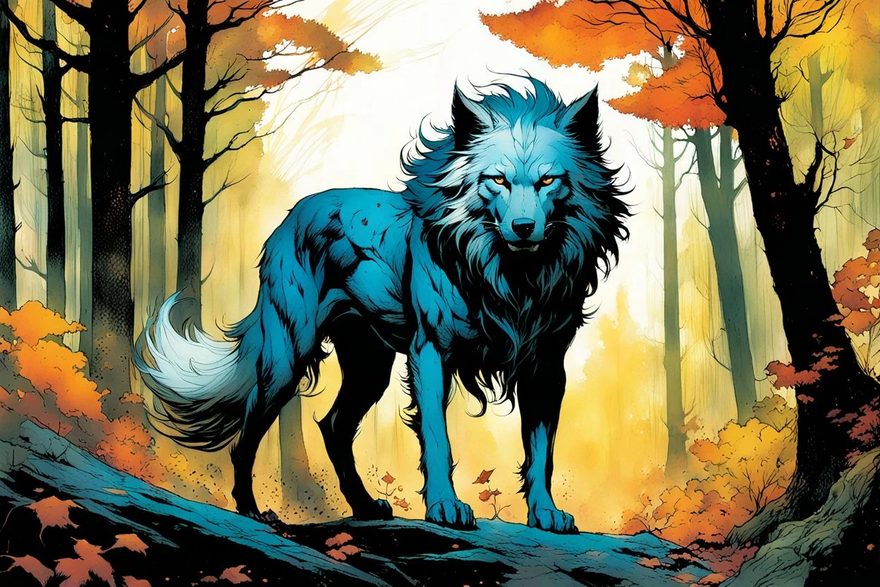 create a wildly conceptual full body print illustration of a feral wolven mage with highly detailed hair and feminine facial features, in an ethereal, otherworldly ,ancient autumn forest , in the comic book art style of Bill Sienkiewicz, Mike Mignola, Sparth, and Jean Giraud Moebius, finely drawn, colored, and inked, suffused with dramatic natural light and shadow of sunset