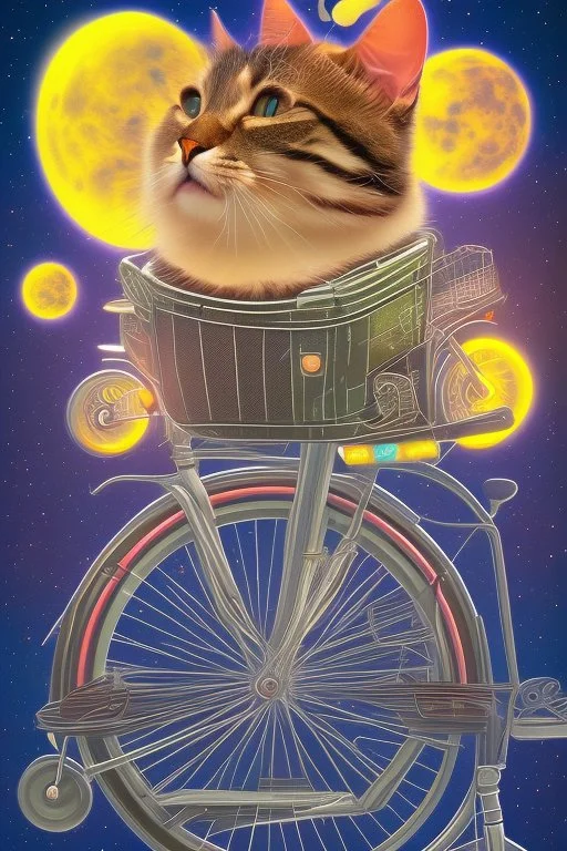 A pedaling cat riding a bicycle is flying at night in the sky over tall buildings.