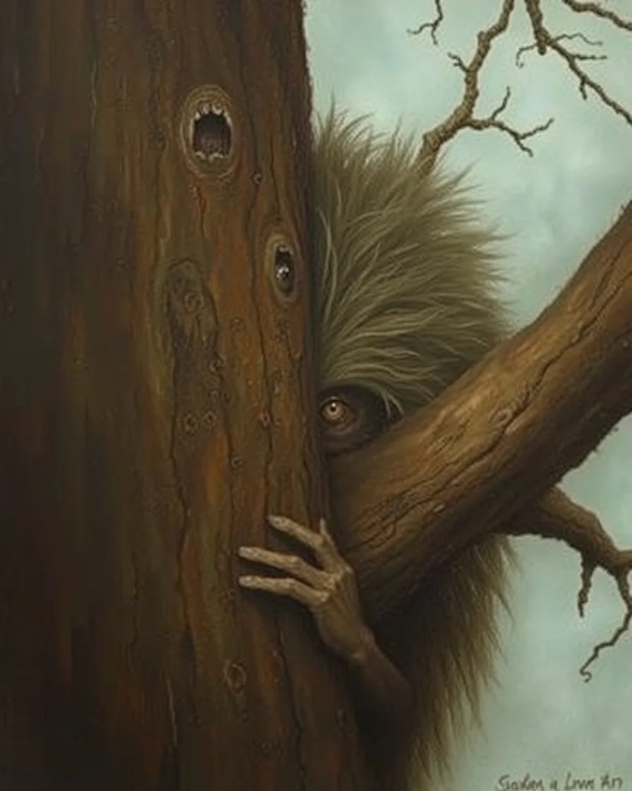 Bosch painting style , nightmare, a hairy creature hiding behind a big tree , half of his body and face is showing up