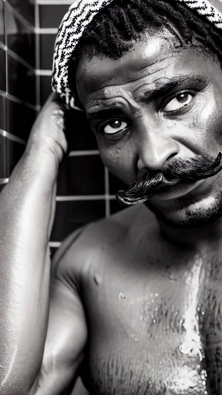 strong stocky marocan with chevron moustache 40 years old under the shower, hands over the head, big tights, wet, in an old bathroom, misery and poverty, photorealism, 35mm lens, ultra detailed, extreme close up photo