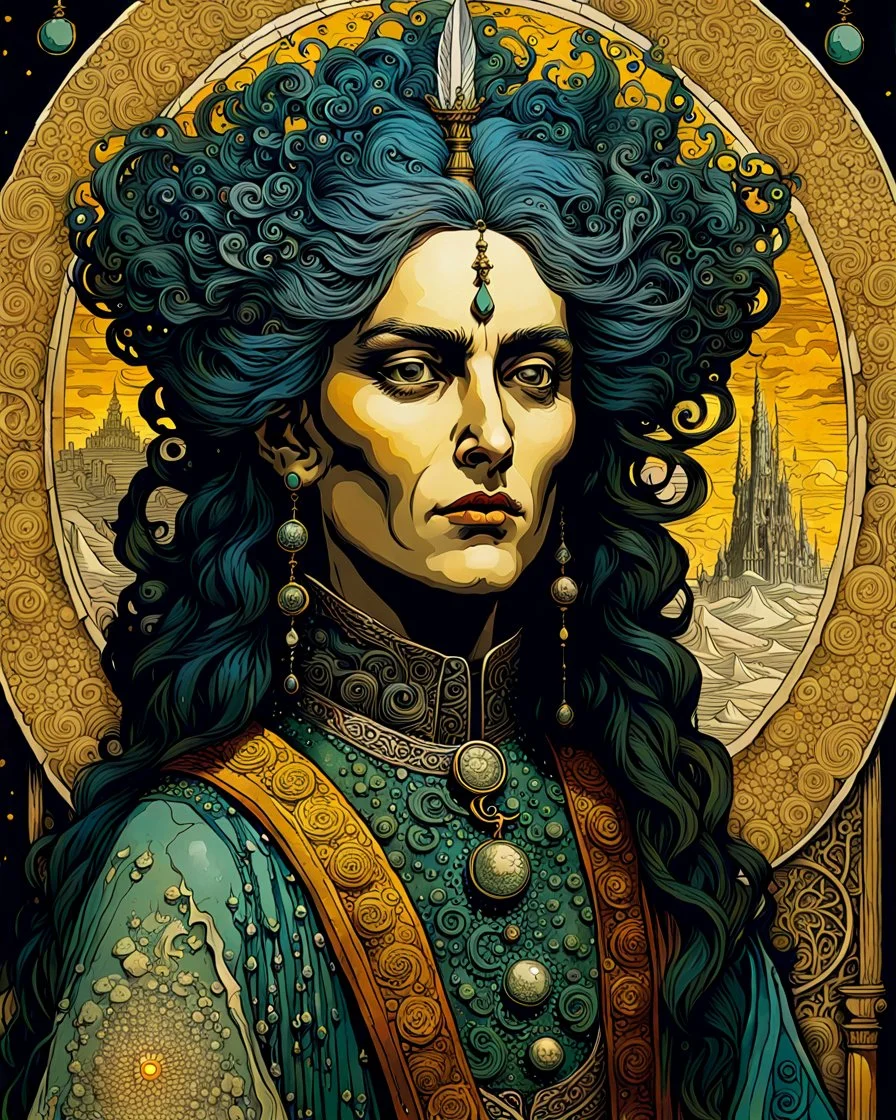 Ravi Zupa ,Max Ernst, and Jean-Giraud Moebius, close up, full body, surrealist alcohol ink portrait illustration of young female medieval apothecary, with highly detailed hair and facial features, in search of the mythical Philosphers Stone, sharply defined and detailed, 4k in dark moody natural colors