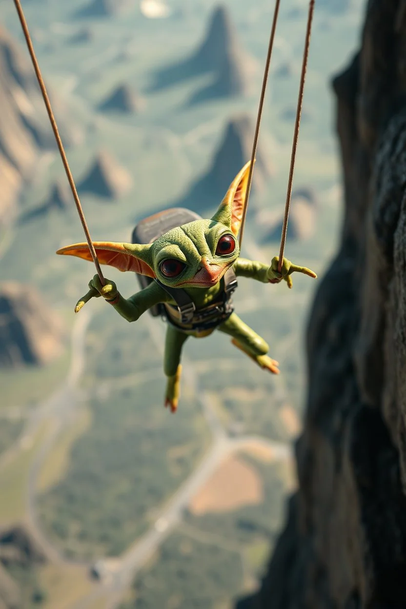 close up on gremlin paratrooper from spaceship jumping over cliff hang