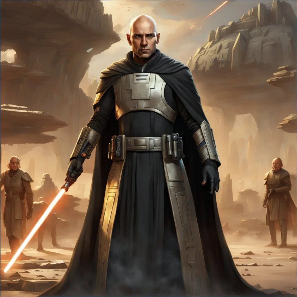 star wars bald male corellian jedi pilot wearing black and gunmetal grey old republic armored robes with gold trim, alone, battle-ready Jedi Master defending a ruined ancient city surrounded by golden light, centered head and shoulders portrait, hyperdetailed, dynamic lighting, hyperdetailed background, 8k resolution, volumetric lighting, light skin, fully symmetric details