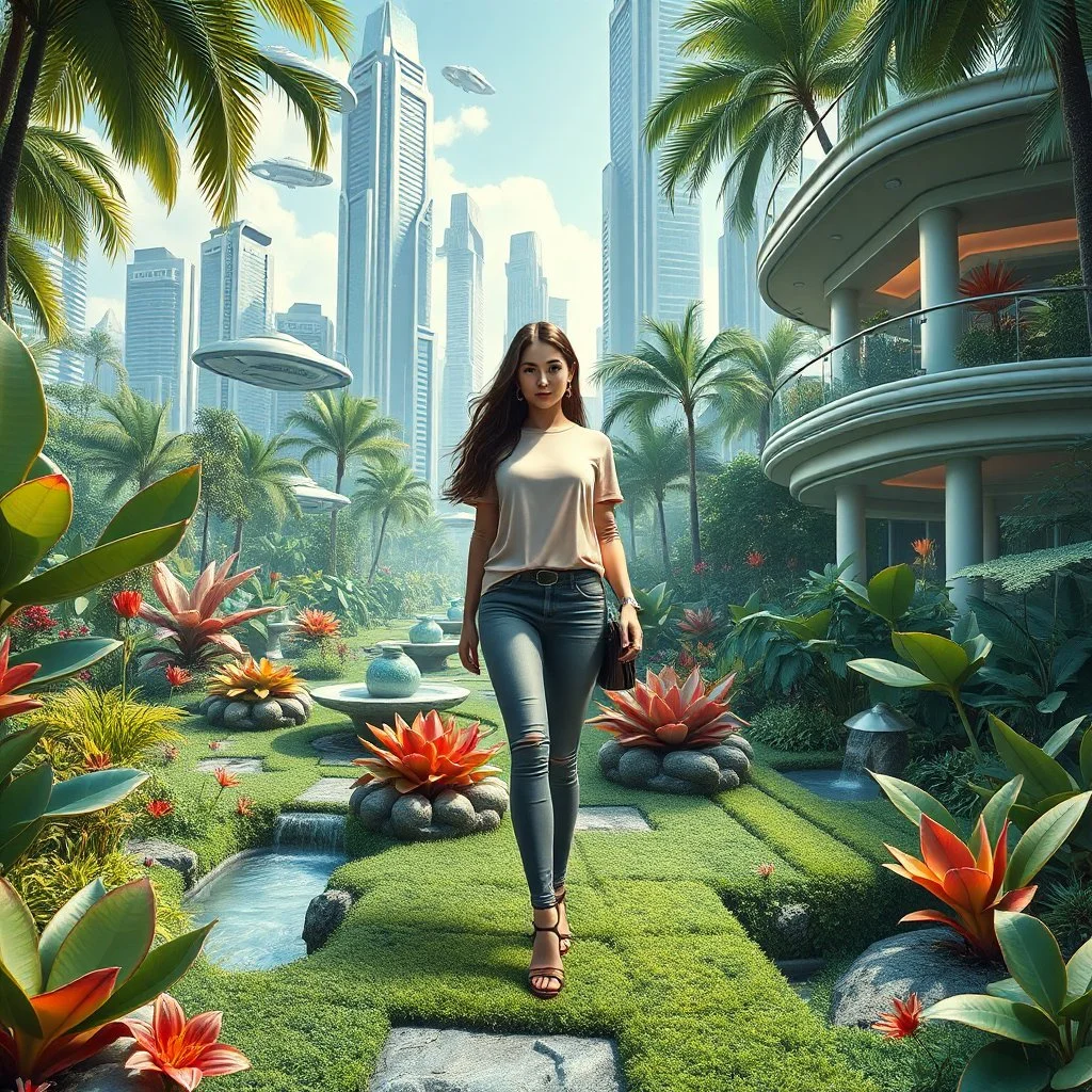 Highly detailed and intricate 3D fractal recursive art, featuring a single young woman/girl wearing fashionable modern clothing, walking directly towards the camera through a lush, futuristic villa garden. The garden is part of a larger technologically-advanced city, with towering skyscrapers and floating vehicles visible in the background. The garden itself is a verdant oasis, with exotic flora, flowing water features, and a seamless integration of natural and artificial elements. Holographic