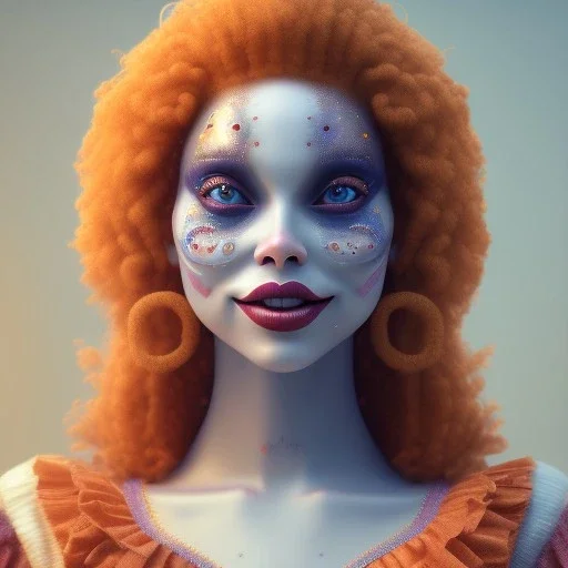 Ultra detailed very beautiful smileing cute clown girl,beautiful real skin, red nose, shallow of dept 3d, symmetrical, ultra detailed curl hair, ambient lighting, ultra detailed face, concept art, circus,party, digital painting, octane render,quixel megascans, depth of field (or dof) art by artstation