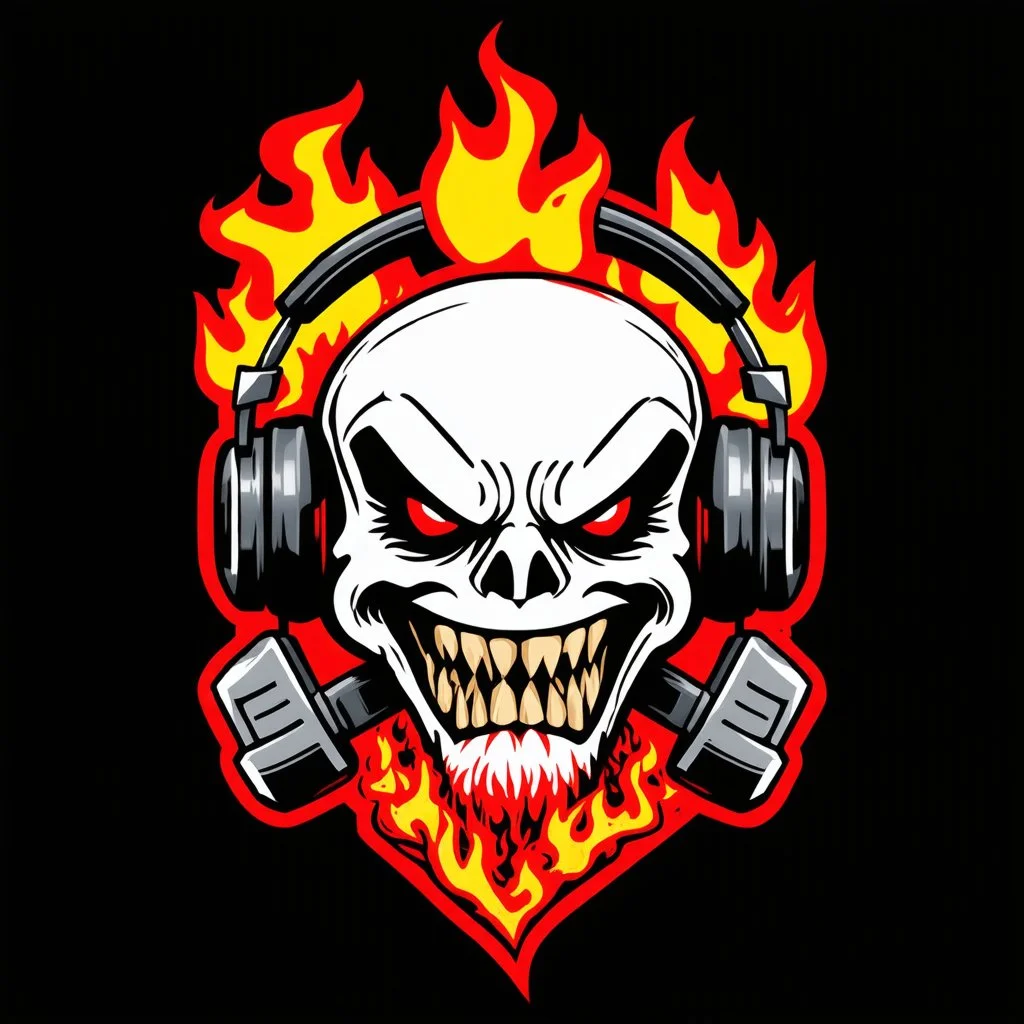 A logo for a rock band inspired by the styles of Ed "Big Daddy" Roth, graffiti art. sinister, evil marshmallow head with headphones. The marshmallow head is breathing red flames. The background is dark.