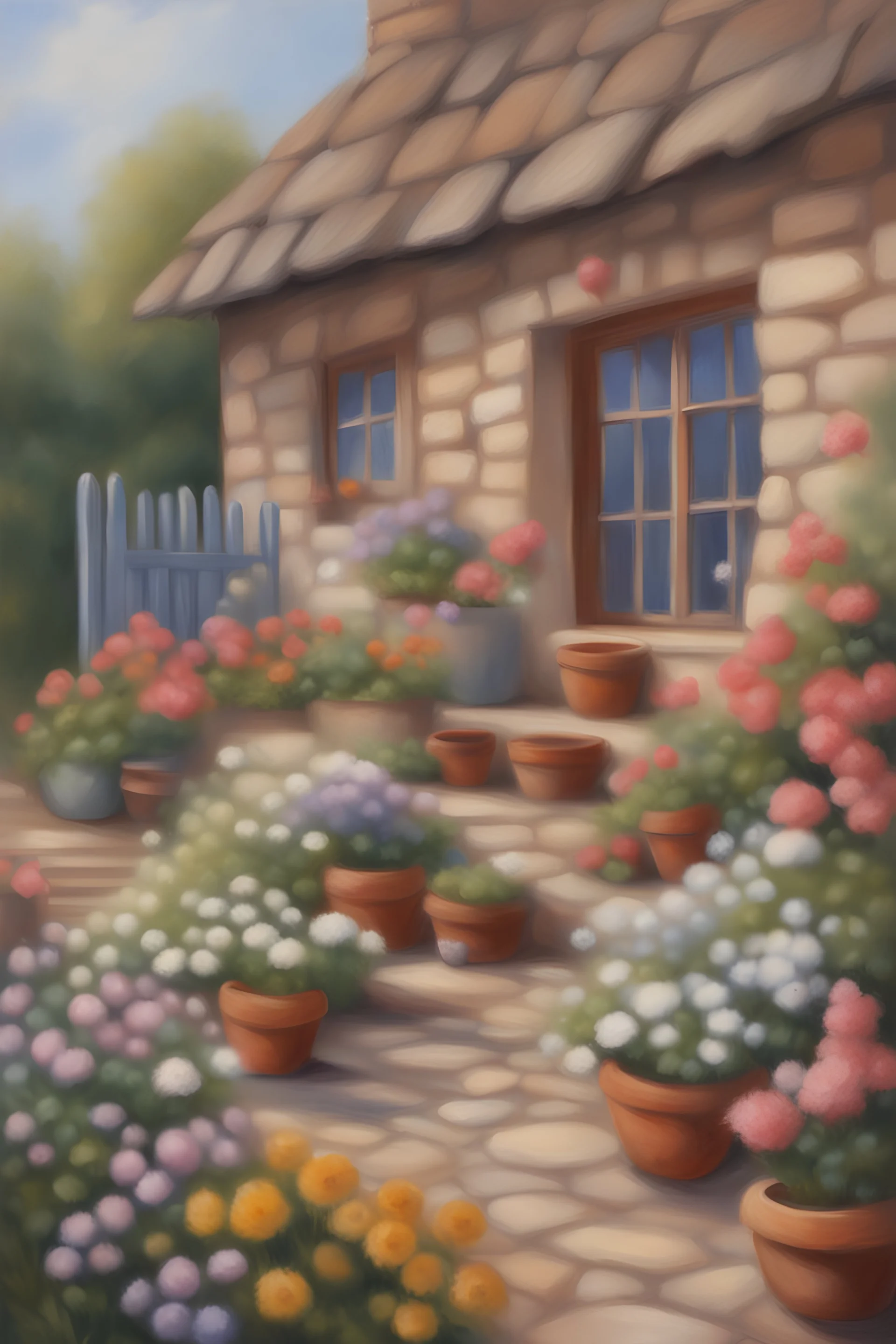 oil painting of cute stone cottage garden with flower pots clay pots