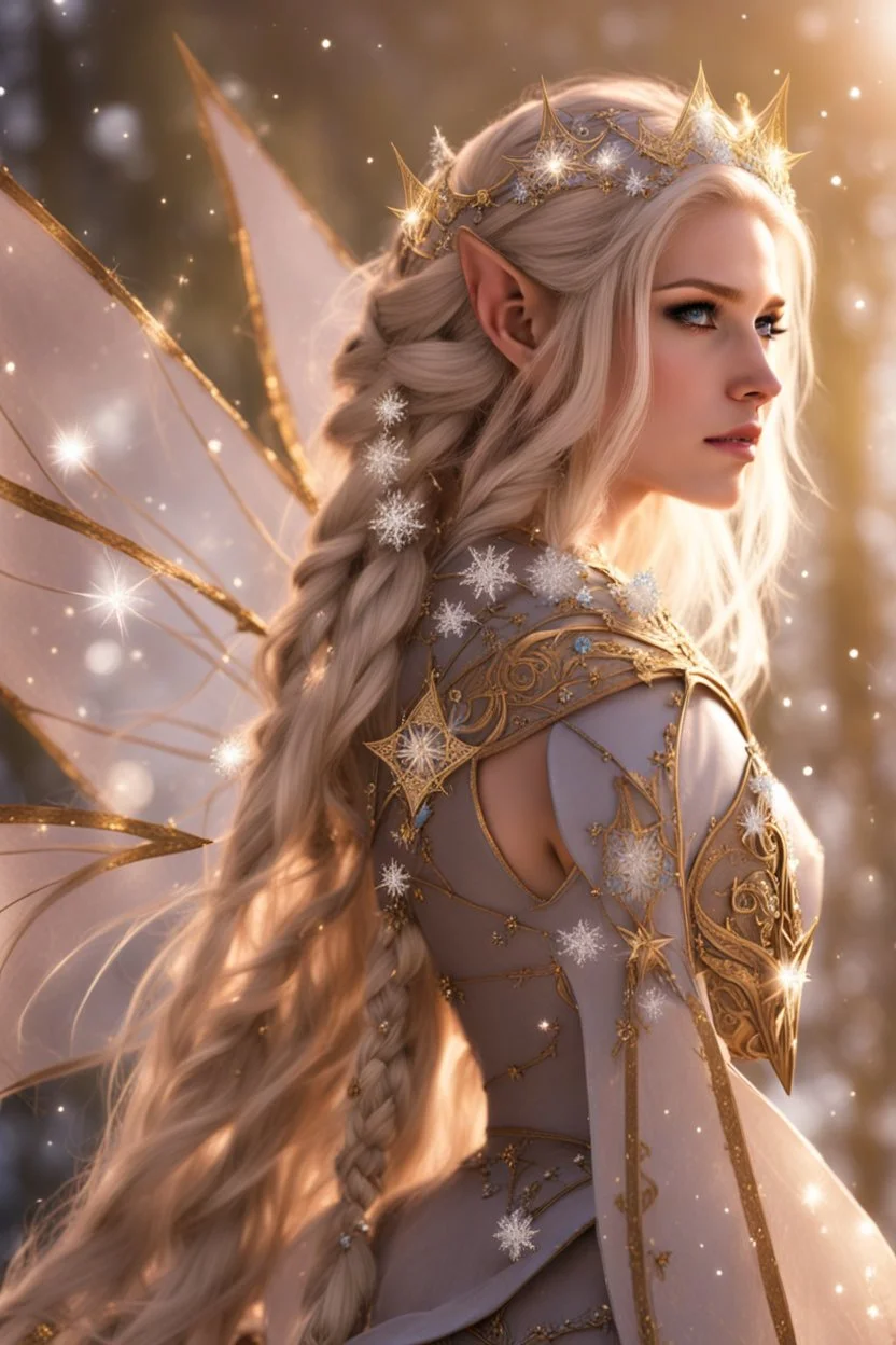 Elven princess,elven crown,long white blonde golden hair,rapunzel hair,ice flowers,beautiful,light blue,dark blue,golden armor,sparkle,glitter,ice flowers,snow,elven ears,dark fairy princess