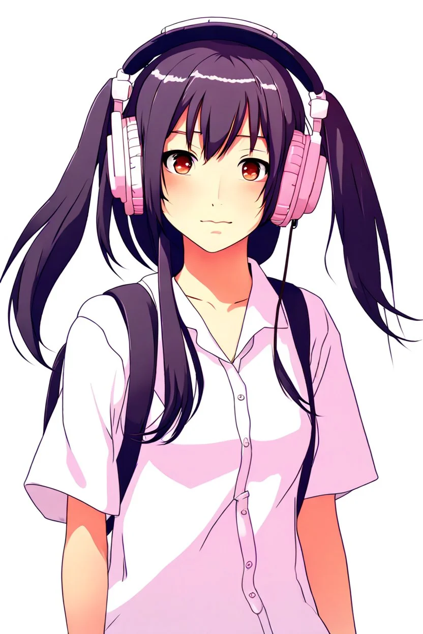 An Asian girl in a white shirt and headphones. Anime style