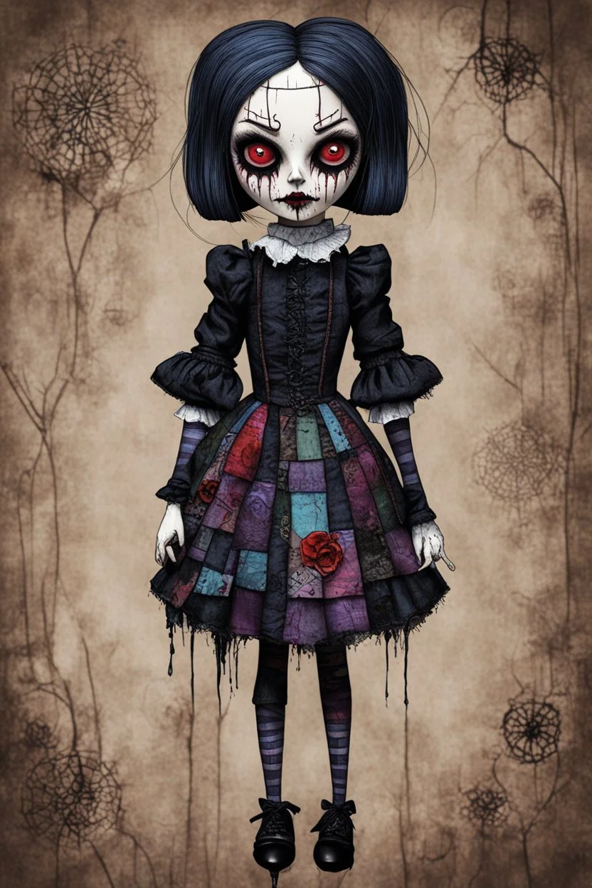 full color, full body illustration of a dark menacing Victorian goth vampire girl, ala Wednesday Addams, as a decayed, broken, crude homemade patchwork cloth doll toy, with contrast stitching across her patchwork face, hair made from ragged strips of cloth, art in the style of Alex Pardee and Tim Burton