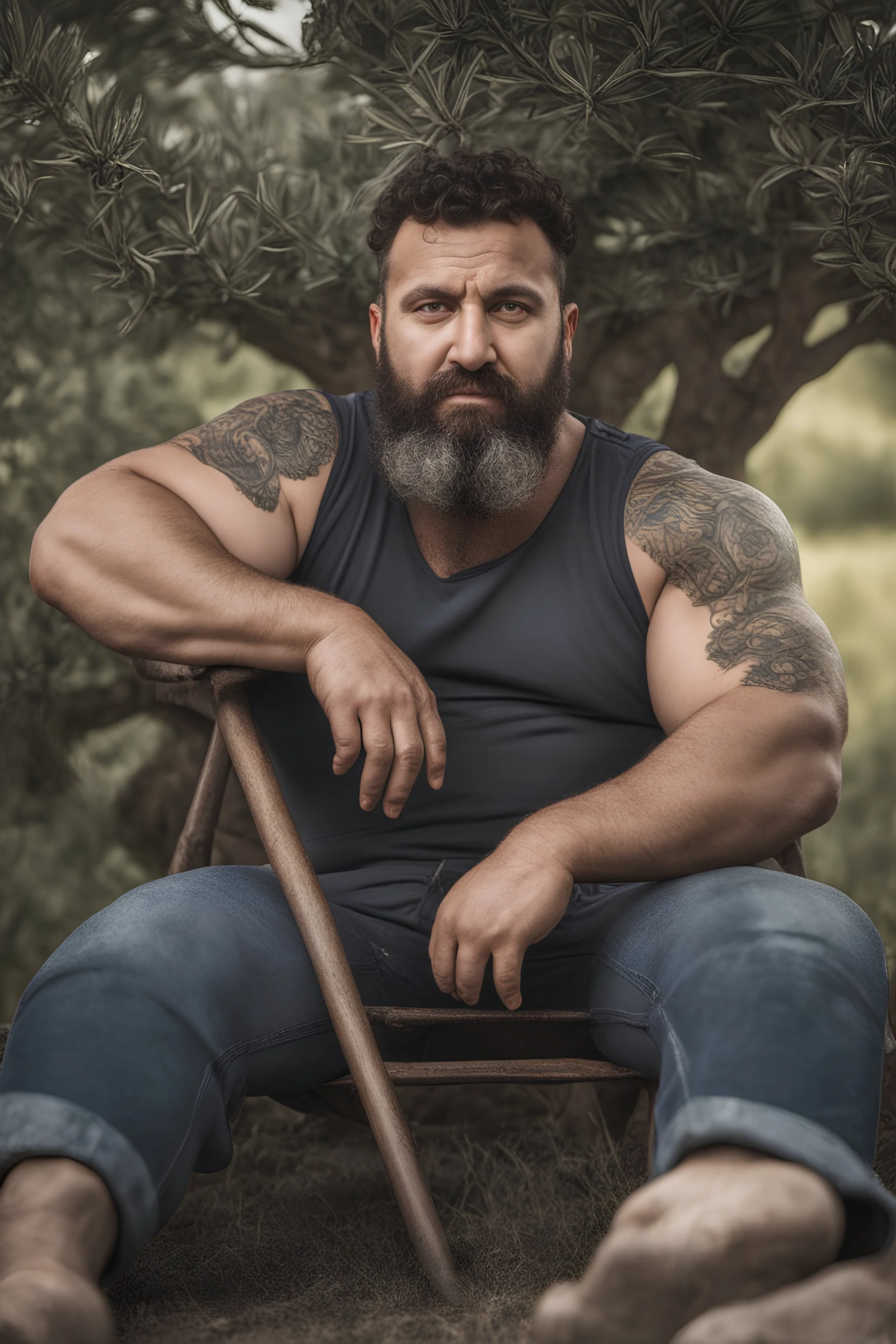 close up photography of a turkish ugly dirty burly muscular chubby farmer 36 years old, bullneck, strong arms, big belly, manly chest, very sweat, shirtless, short beard, tattoo, curly hair , short bulging pants, open legs sitting on a chair under an olive tree , big tights, barefoot, ambient occlusion, hyper detailed photography, photorealistic, 35mm lens, side light, frontal view from below, natural colors