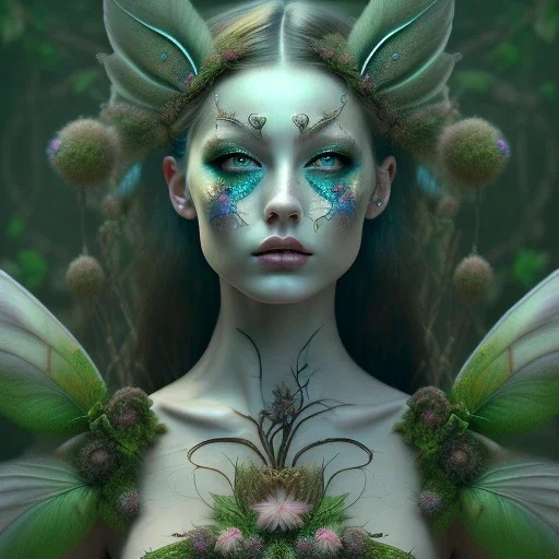 Portrait of beautiful girl, plant, metal, feathers, Dryad, fae, sidhe, ominous, nature, plants, wildflower, facepaint, dnd character portrait, intricate, oil on canvas, masterpiece, expert, insanely detailed, 4k resolution, retroanime style, cute big circular reflective eyes, cinematic smooth, intricate detail , soft smooth lighting, soft pastel colors, painted Renaissance style,bokeh, 800mm lens