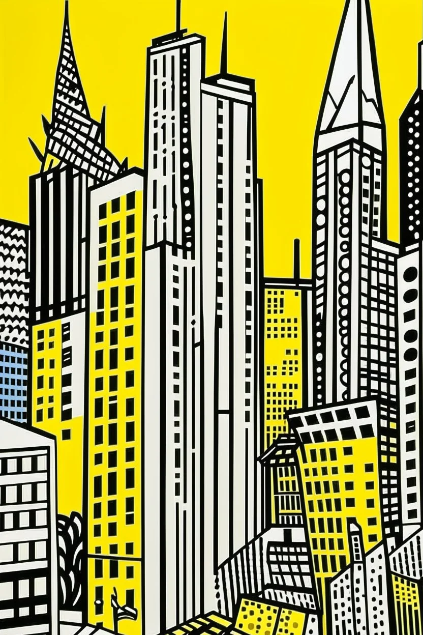 A yellow short city with battery shaped buildings designed in Heidrun manuscripts painted by Roy Lichtenstein