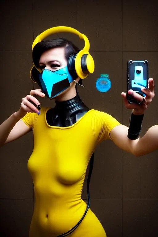 Realistic photograph. Geometric 3D tiling on the background, woman, Whip. Bronze color, Yellow, Black Cyan. Cyber-punk full-mask. Big old AKG headphones, golden rings & disc. Selfie both hands. Lightly armored, electronic circuits. Thick tights, thick calves, bend fell, wide hip, flat belly. Ancient artifact cables to body. Perfect body. Matrix movie clothes, Silver leather area, tippet, latex. Wicked sneakers. Daft Punk, Tron Movie. Egyptian Haute Couture. 1990's. Light comes from right-front